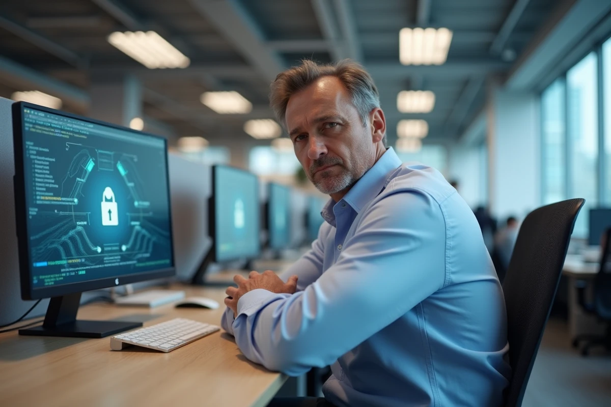 Employé de bureau attendant le chargement d'un compte en ligne sur un poste de travail avec une connexion internet instable