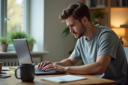 Homme accédant à un compte en ligne sur un ordinateur portable malgré une connexion internet lente à domicile