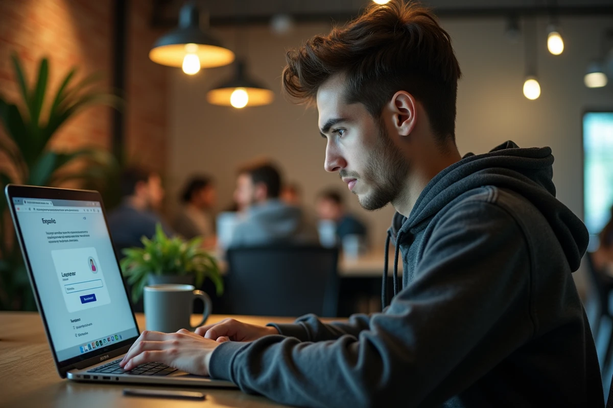 Jeune adulte en espace de coworking récupérant l'accès à son compte email sur un ordinateur portable