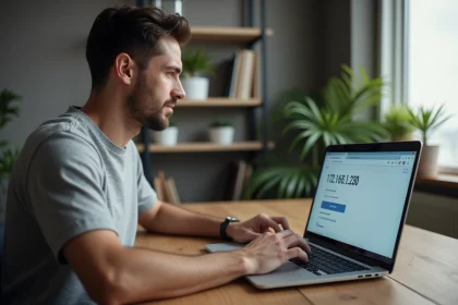 Homme accédant à l'adresse IP 192.168.1.230 depuis un PC portable dans un bureau à domicile