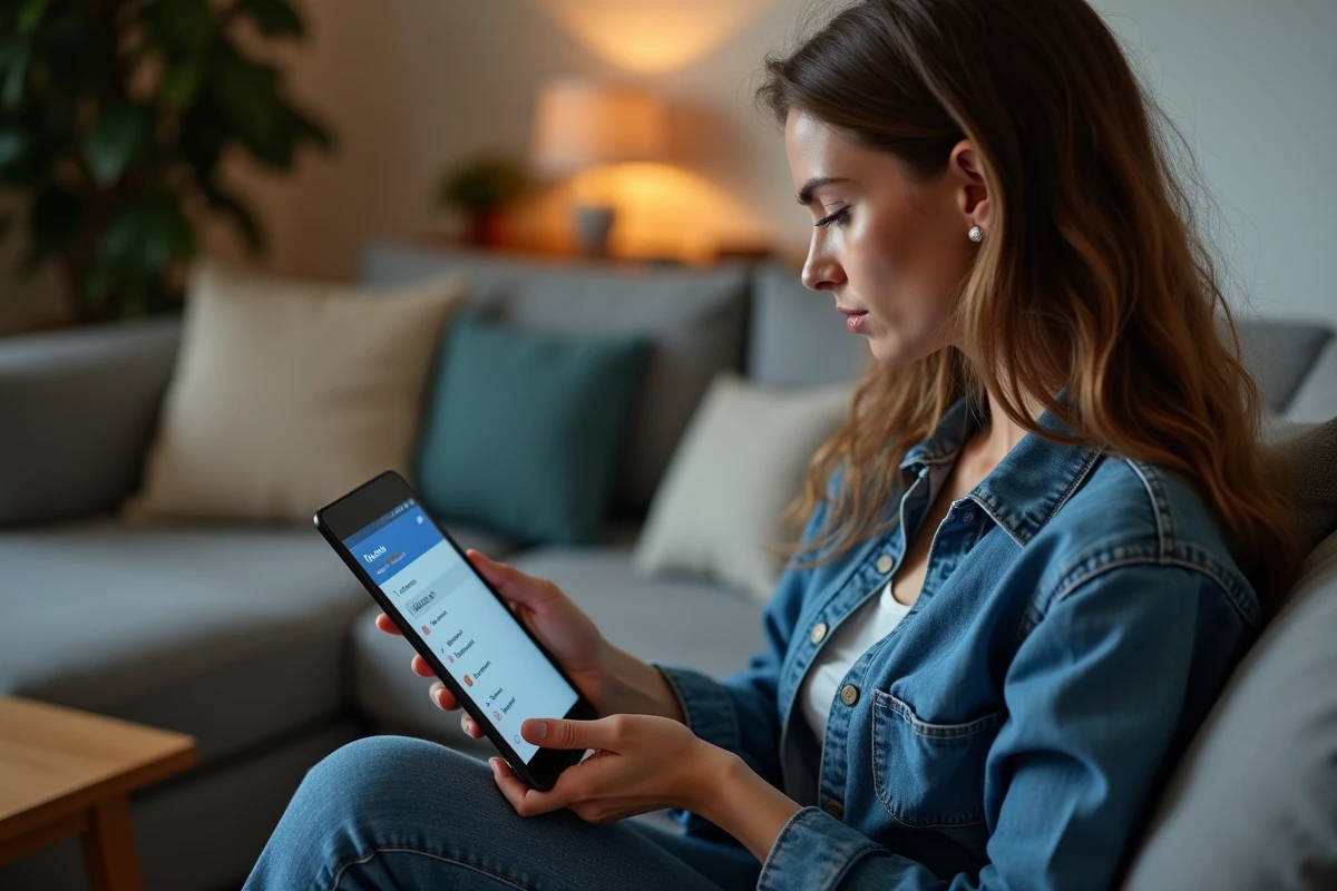 Femme configurant un routeur via l'adresse 192.168.1.230 sur une tablette dans un salon
