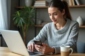 Femme activant l'authentification à deux facteurs sur son ordinateur portable et son smartphone dans un bureau à domicile