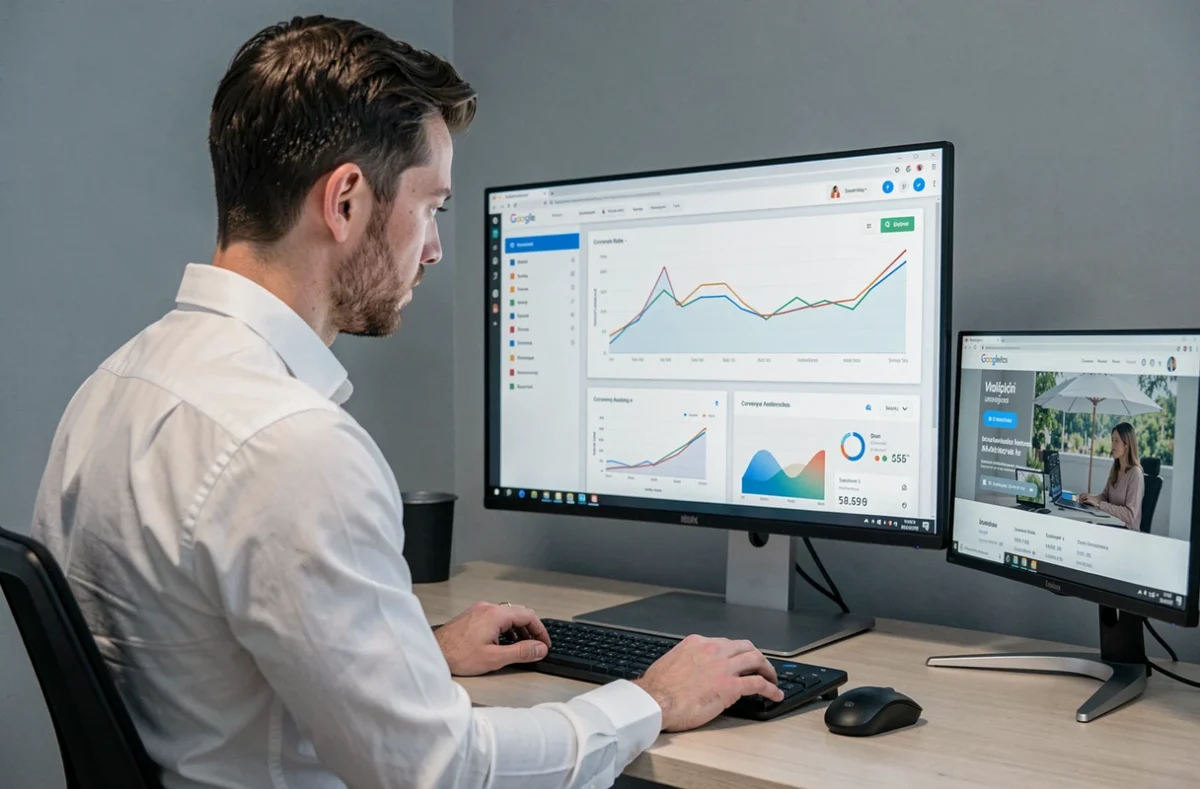 Analyste web scrutant des tableaux de bord de performance et d'optimisation de résultats sur écran