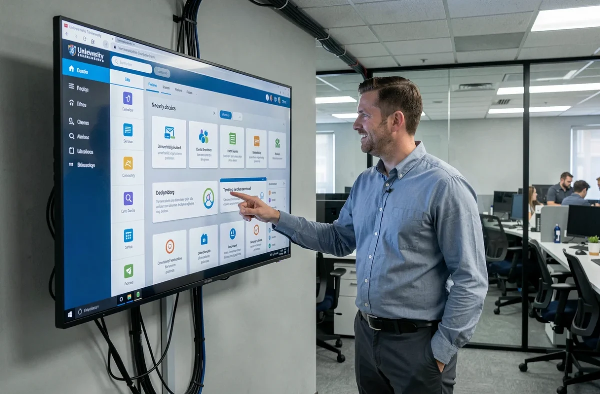 Administrateur informatique présentant les nouveaux services de l'ENT UPVD sur un écran mural dans un bureau universitaire