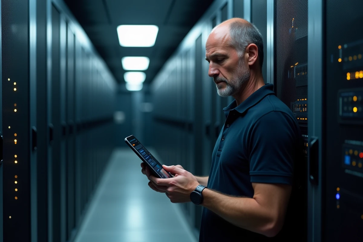 Administrateur systèmes gérant des machines virtuelles sur tablette dans une salle de serveurs