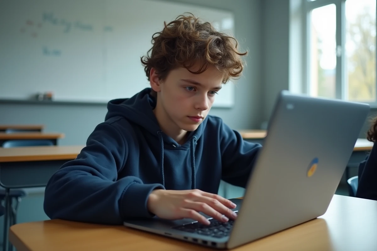 Adolescent cherchant une touche Dell sur un Chromebook en salle de classe