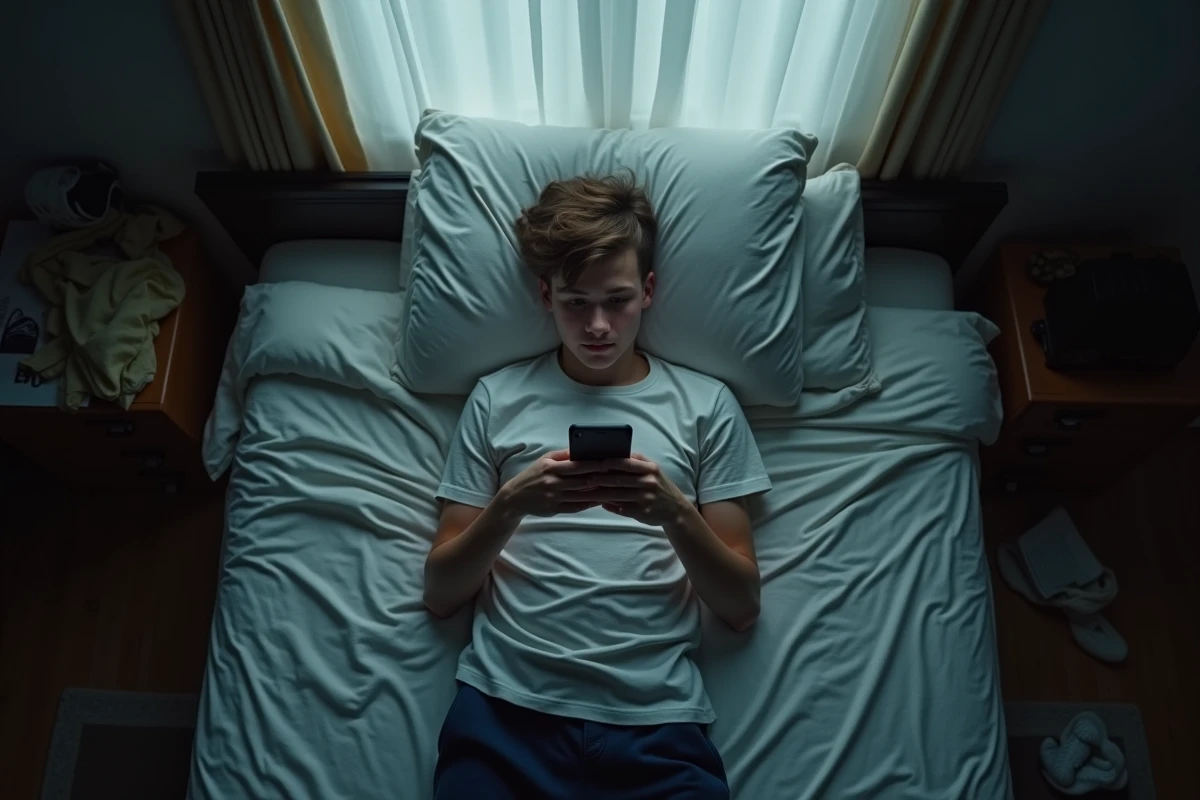 Adolescent isolé allongé sur son lit fixant son smartphone illustrant la dépendance aux réseaux sociaux et l'isolement social numérique