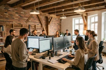 Équipe d'une agence de développement web dans le Bas-Rhin travaillant ensemble dans un bureau moderne