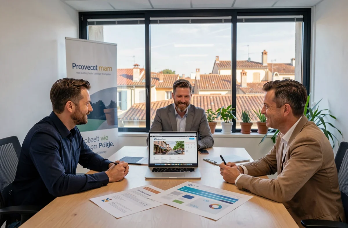 Équipe de l'Agence Web Avignon collaborant sur un projet WordPress avec vue sur la ville