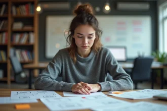 Ingénieure logicielle analysant des diagrammes d'algorithmes de tri sur un bureau avec des notes manuscrites