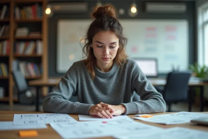 Ingénieure logicielle analysant des diagrammes d'algorithmes de tri sur un bureau avec des notes manuscrites