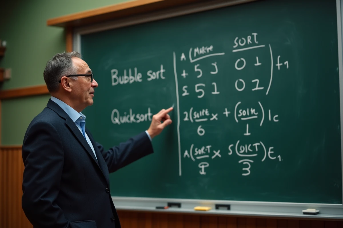 Professeur d'informatique expliquant des algorithmes de tri devant un tableau noir dans un amphithéâtre universitaire