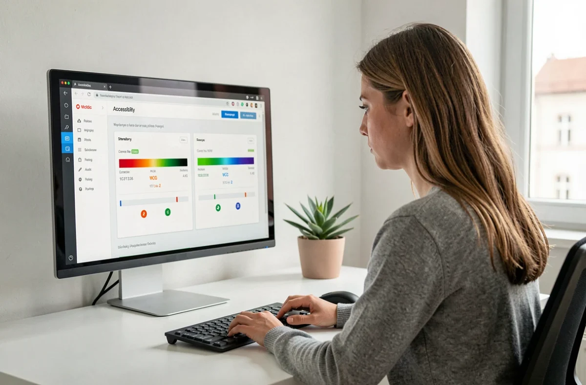 Développeuse web analysant un audit d'accessibilité numérique sur écran dans une agence spécialisée