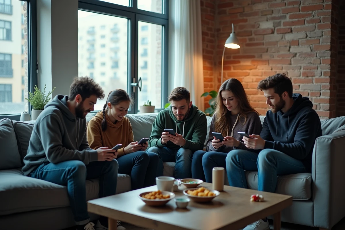 Groupe d'amis réunis dans un appartement mais chacun absorbé par son propre écran, symbolisant l'impact d'Internet sur les interactions sociales en groupe