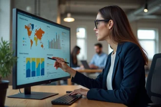 Professionnelle analysant des données de benchmarking UX sur un grand écran dans un bureau moderne