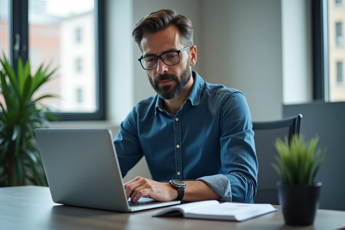 Homme analysant les résultats d'un diagnostic disque dur et de température système sur un ordinateur portable dans un bureau professionnel