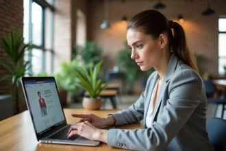 Une professionnelle analyse l'interface Unbounce Pages sur son ordinateur portable dans un bureau moderne