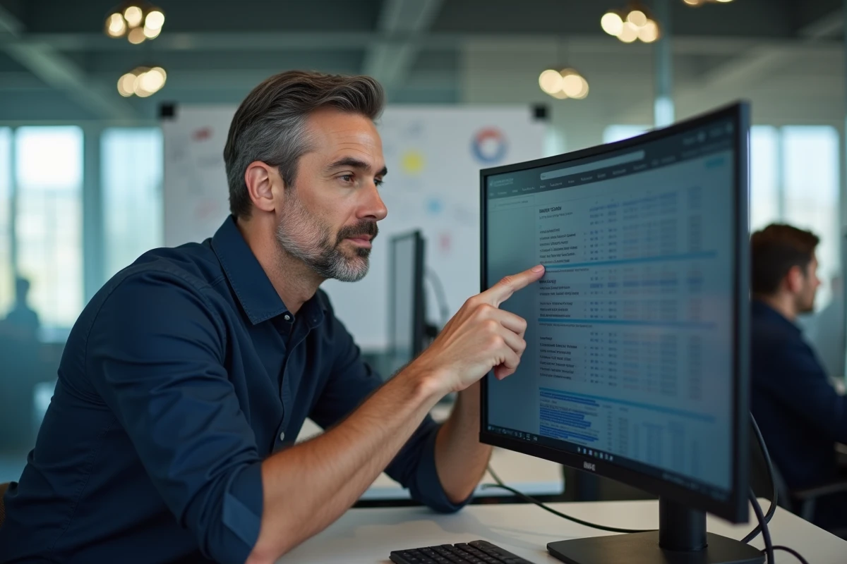 Spécialiste SEO analysant des mots-clés à longue traîne sur un écran d'outil de recherche dans un bureau d'agence marketing