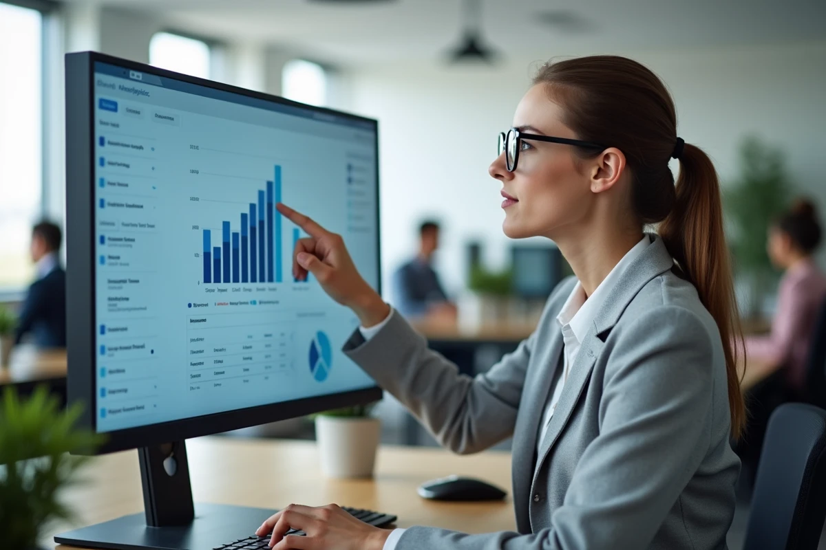 Femme analysant des tableaux de bord de performance de réseau social sur un écran d'ordinateur dans un bureau moderne
