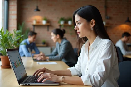 Femme analyste SEO travaillant sur des données de référencement naturel devant un ordinateur portable dans un bureau moderne