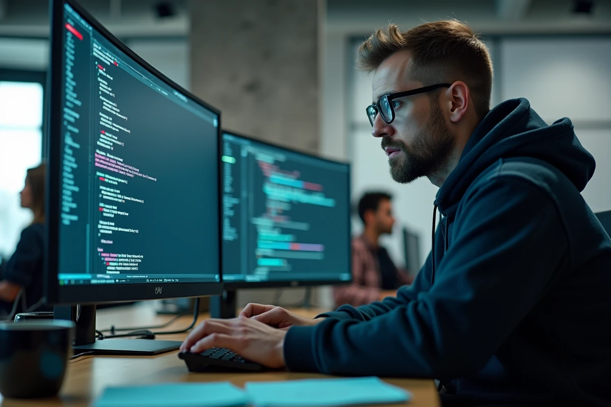 Analyste en sécurité informatique devant un écran affichant une alerte de vulnérabilité dans un bureau moderne