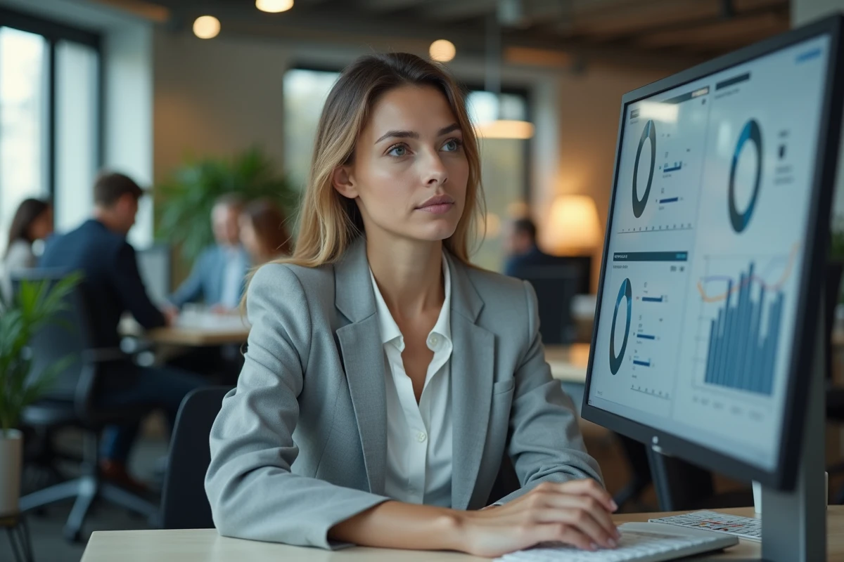 Analyste informatique examinant des tableaux de bord SEO et des flux de données réseau sur un écran dans un bureau moderne