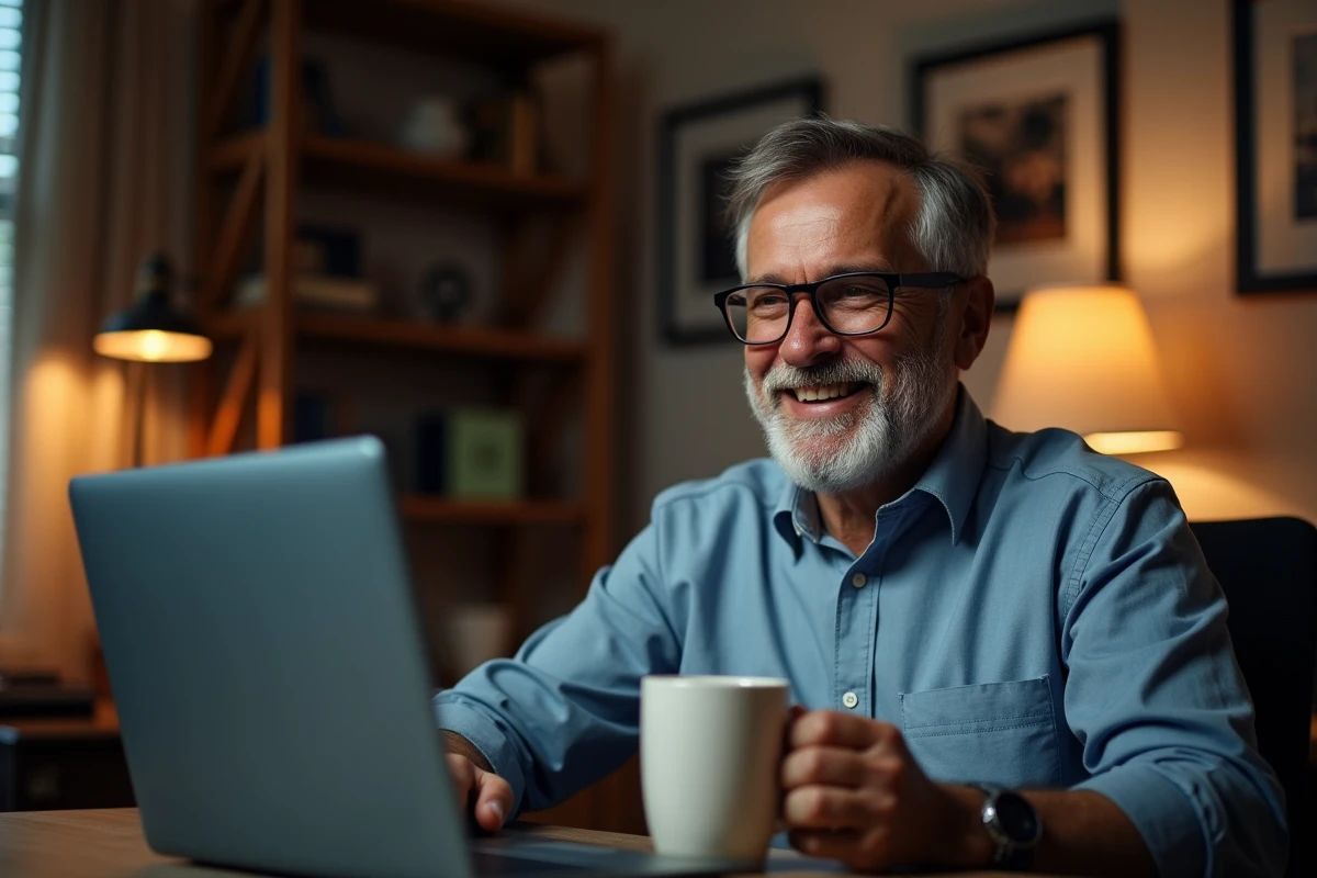 Homme d'âge mûr en télétravail souriant lors d'un appel vidéo, représentant les nouvelles formes de liens sociaux facilités par Internet