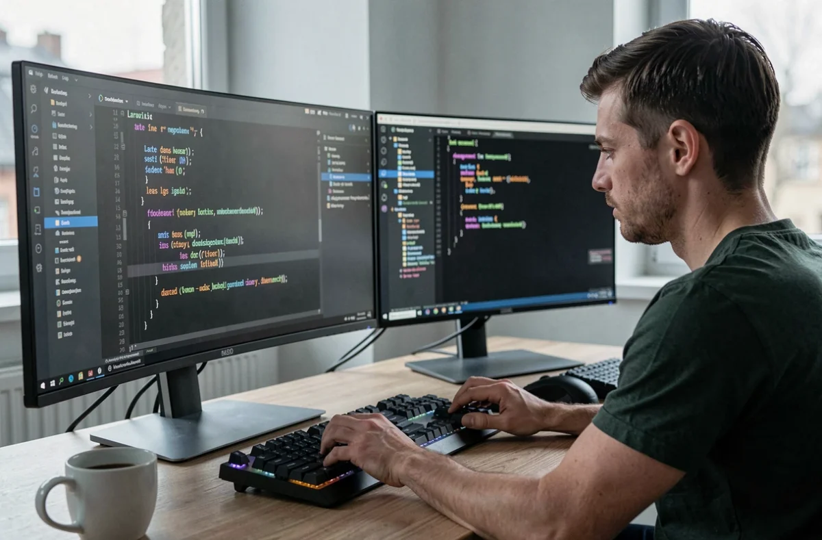Développeur Laravel codant une solution web sur-mesure dans un studio technique à Strasbourg