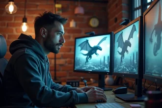 Artiste VFX masculin travaillant sur un rendu CGI 3D photoréaliste dans un studio professionnel de production numérique