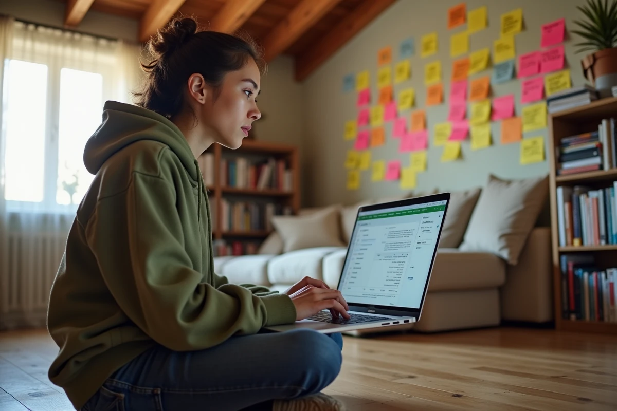 Jeune femme effectuant un audit SEO de site web depuis son bureau à domicile entouré de notes et d'outils d'analyse