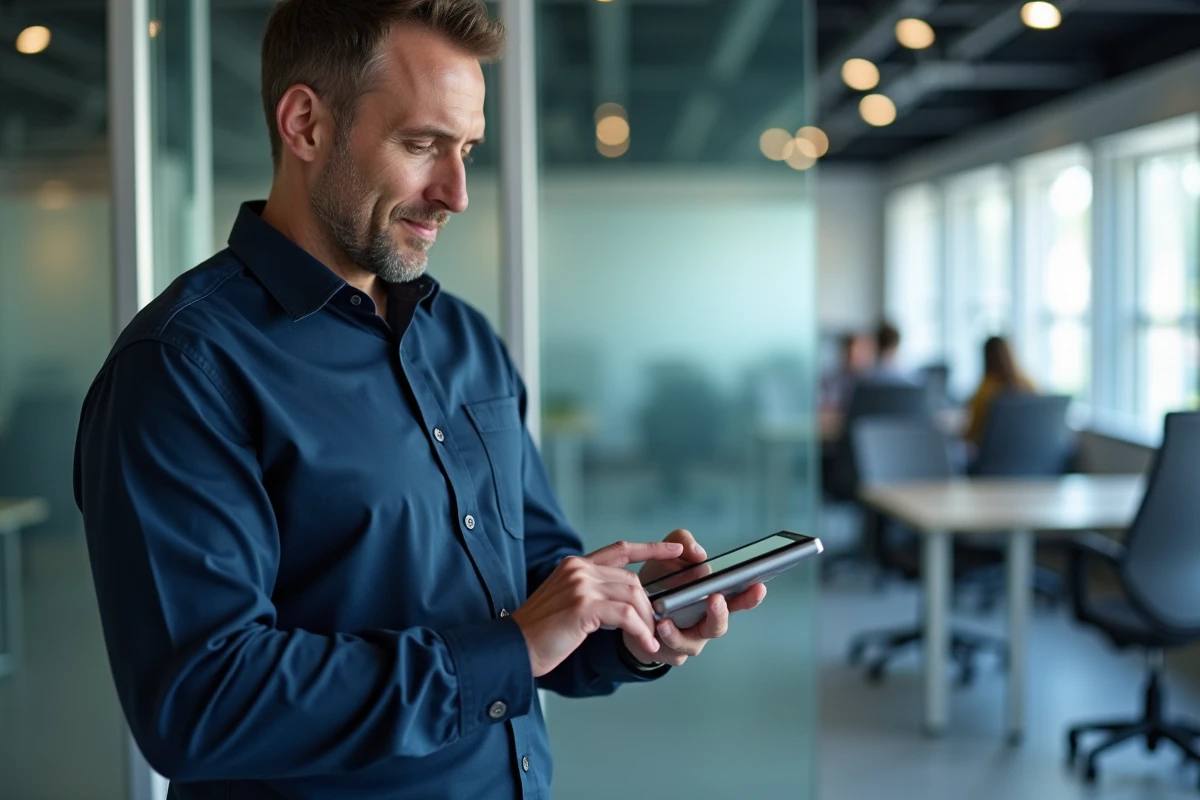 Homme professionnel activant l'authentification par empreinte digitale sur une tablette dans un bureau en open space