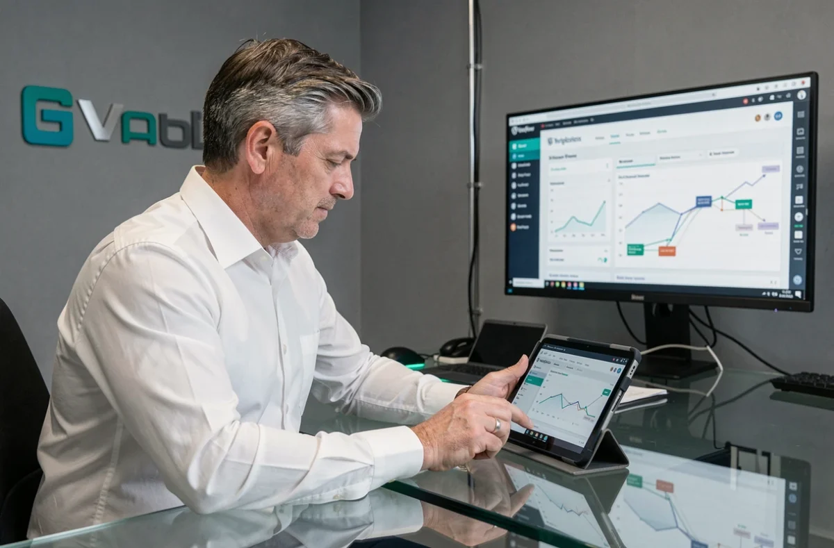 Consultant digital d'Azuracom analysant les performances d'un site WordPress sur tablette et écran