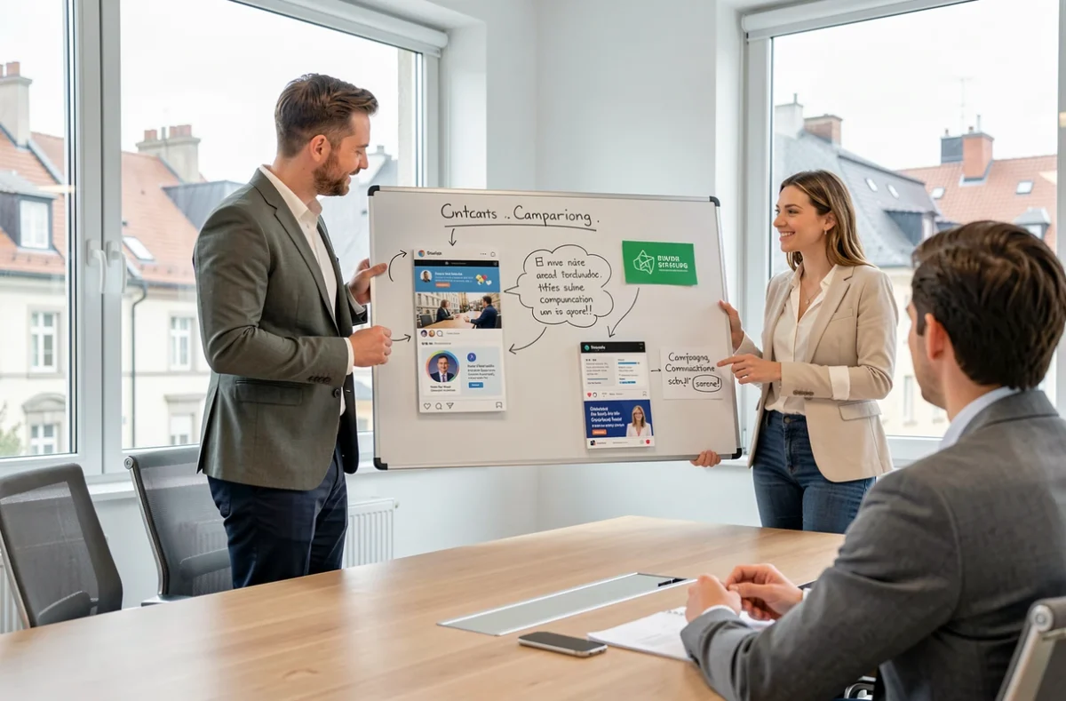 Duo d'experts en agence web présentant une campagne de communication à un client à Strasbourg