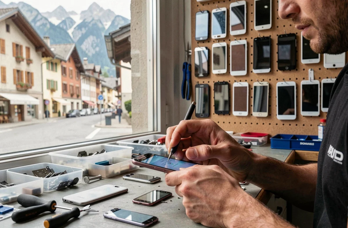 Technicien Bonneville GSM réparant un smartphone Android dans l'atelier avec vue sur la ville