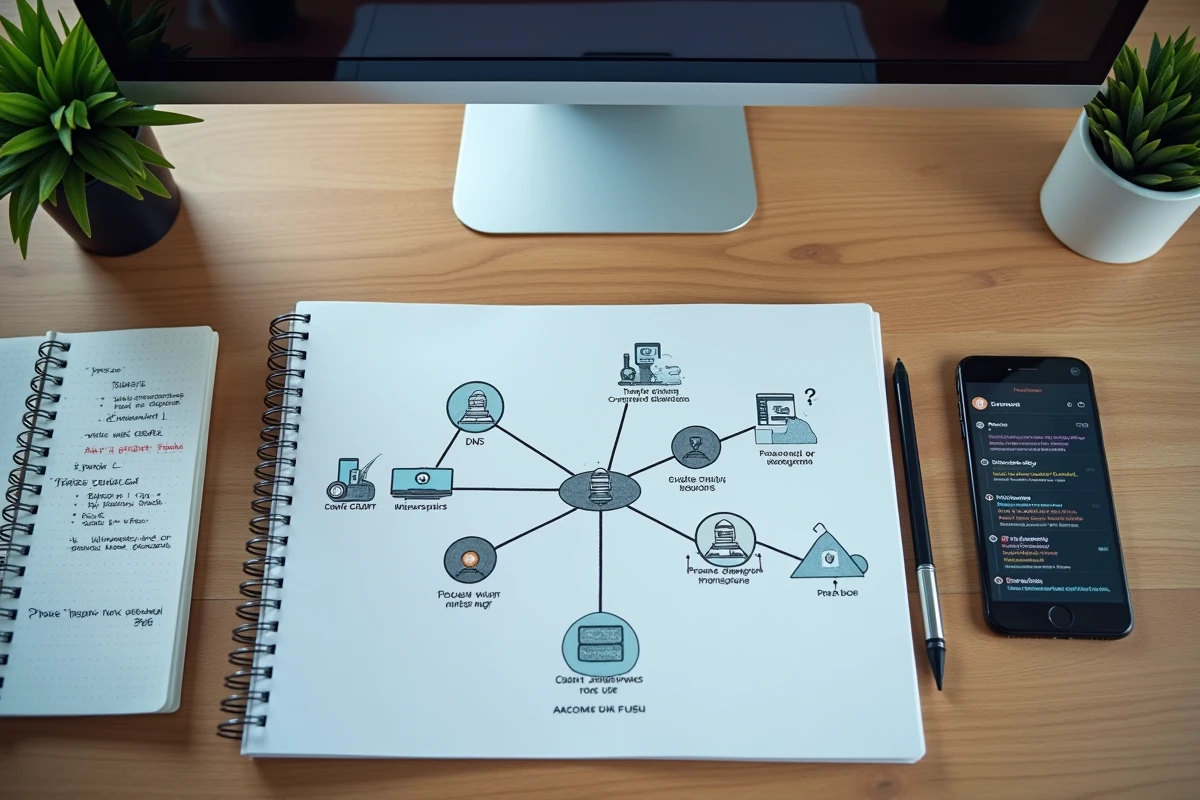 Vue aérienne d'un bureau avec diagrammes de réseau, annotations DNS et outils d'analyse SEO pour réseaux informatiques