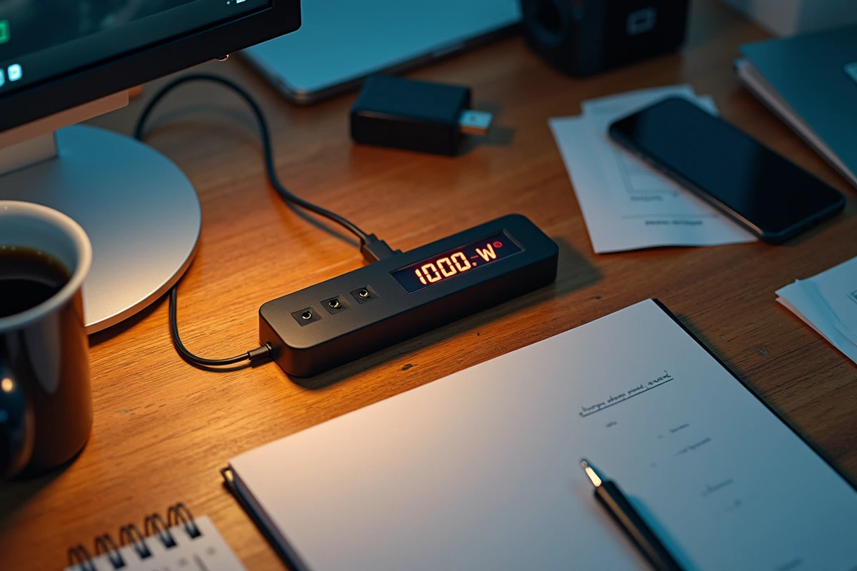 Bureau à domicile avec multiprise et wattmètre numérique indiquant une consommation de 1000 watts