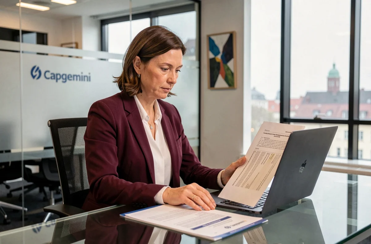 Responsable de projet cybersécurité de Capgemini analysant des documents de conformité pour grands comptes dans un bureau corporatif à Strasbourg