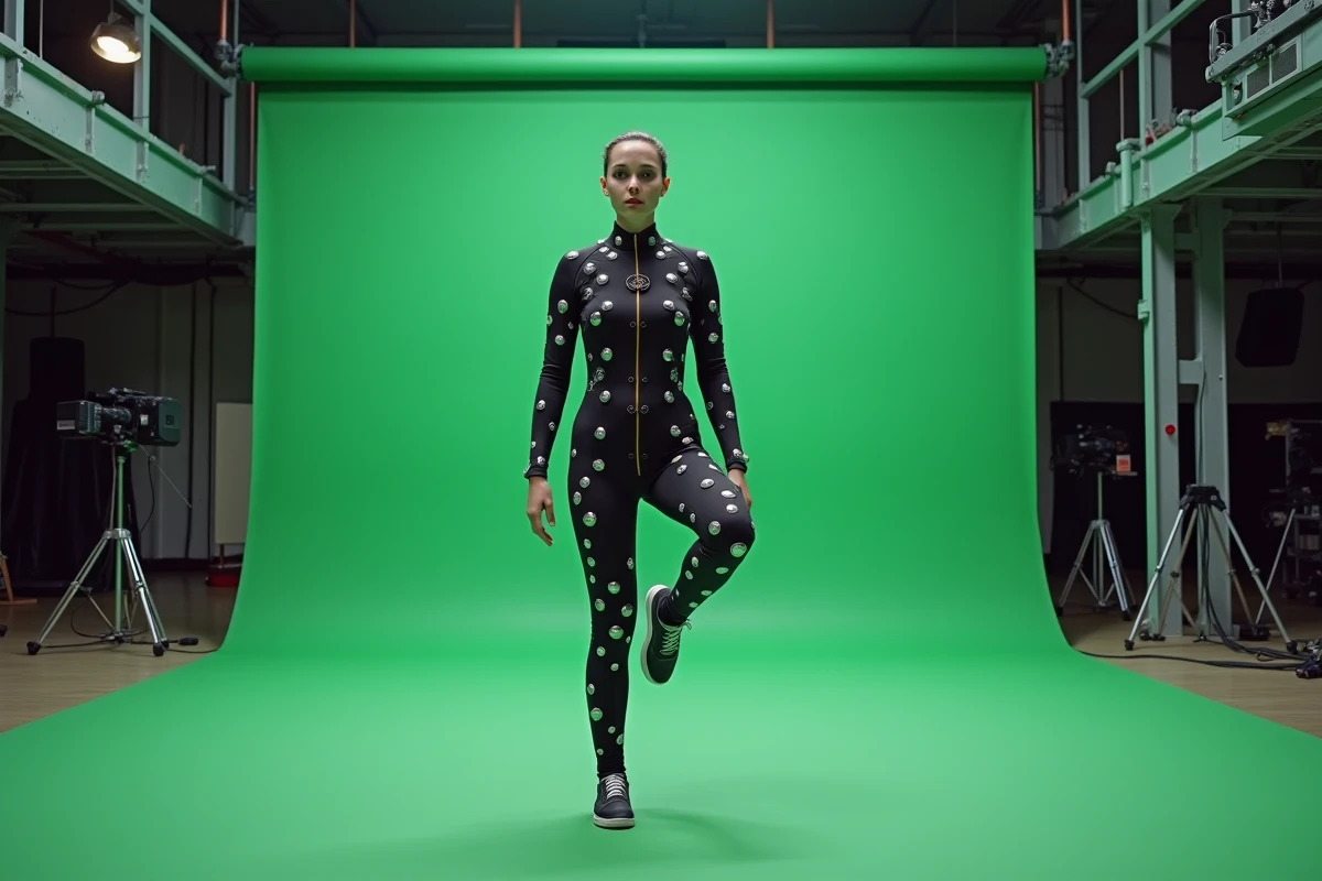 Actrice en combinaison de capture de mouvement sur un plateau de tournage CGI avec écran vert et équipements techniques