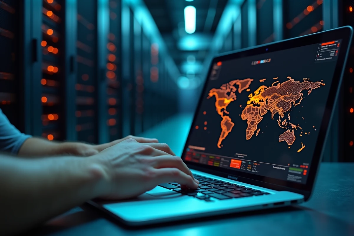 Écran d'ordinateur affichant une carte de vulnérabilités réseau dans une salle de serveurs informatiques