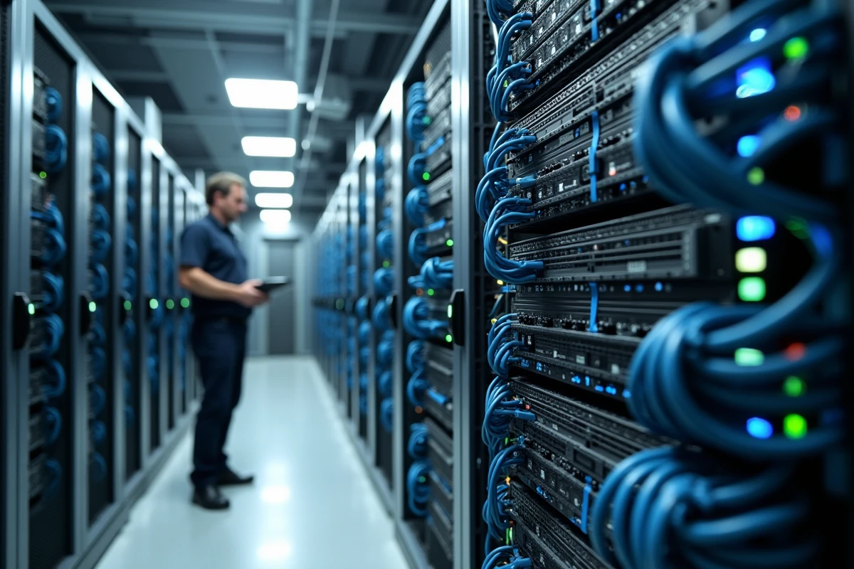 Serveurs et nœuds Bitcoin dans un centre de données professionnel surveillé par un technicien