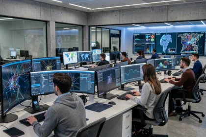 Centre d'opérations de cybersécurité dans le Grand Est avec des analystes surveillant des tableaux de bord de menaces sur plusieurs écrans