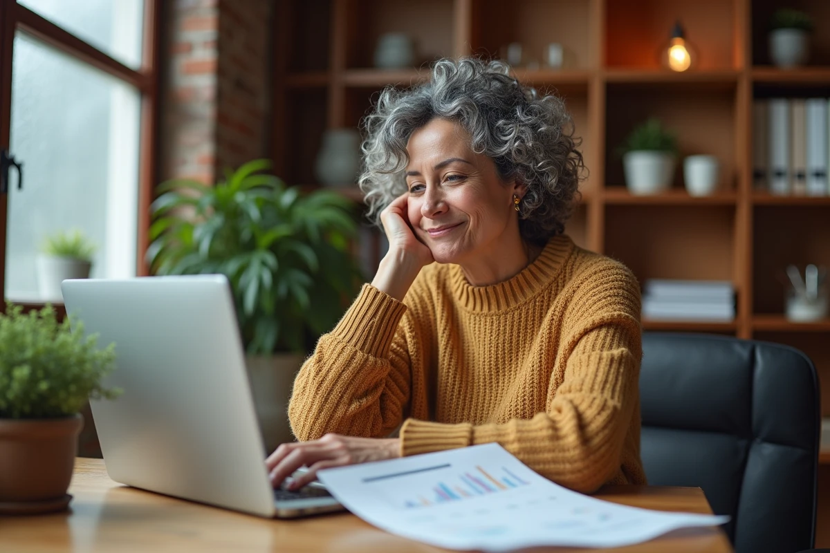 Cheffe d'entreprise analysant des rapports de base de données Access dans un bureau chaleureux de petite entreprise