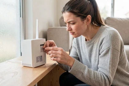 Femme cherchant le code WiFi sur l'étiquette d'une box Bouygues posée sur une étagère en bois
