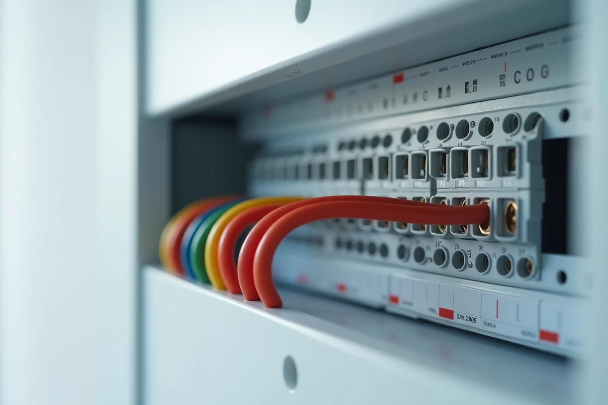 Détail d'un coffret électrique neuf conforme à la norme NF C 15-100 avec câblage organisé et repérage des circuits