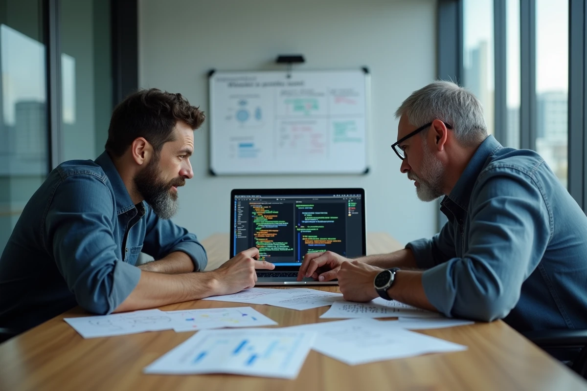 Deux développeurs comparant les approches orientée objet et fonctionnelle en Java lors d'une réunion technique collaborative
