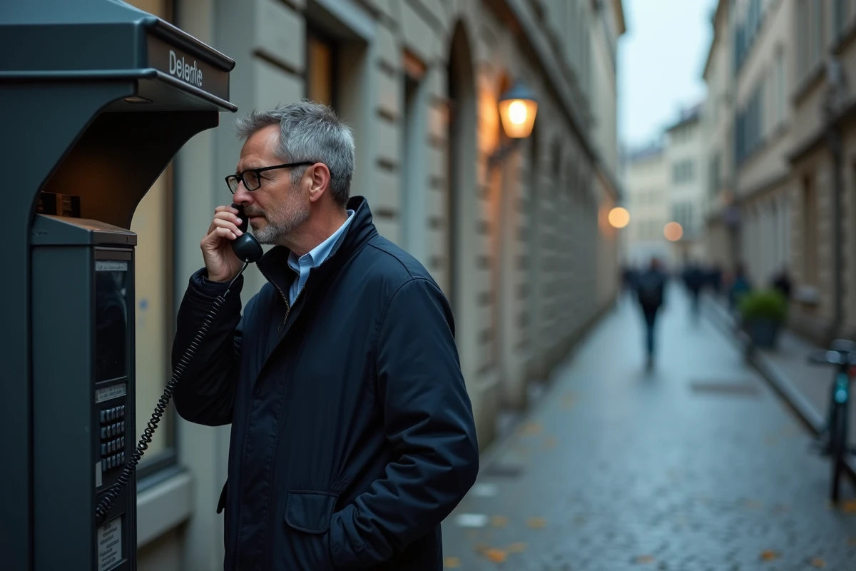 Homme utilisant une cabine téléphonique publique dans une rue pavée européenne, symbole de communication anonyme sans laisser de traces numériques