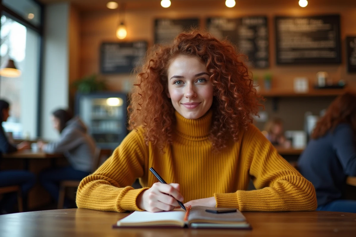 Jeune femme écrivant dans un carnet en cuir dans un café, smartphone retourné, illustrant la communication privée sans traces numériques
