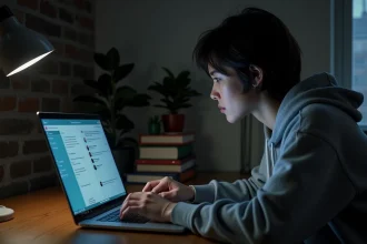 Femme utilisant une application de messagerie chiffrée sur un ordinateur portable dans un bureau à domicile, illustrant la communication anonyme et sécurisée