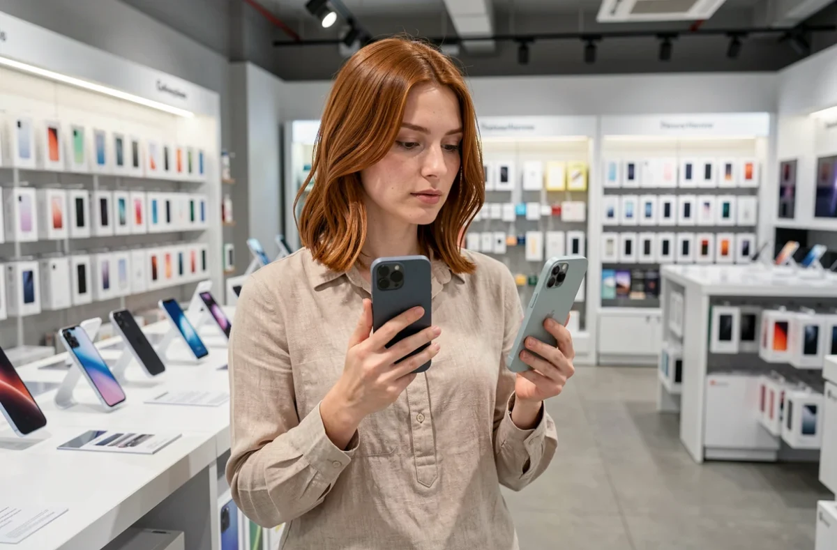 Femme comparant deux modèles d'iPhone dans un magasin d'électronique en 2026