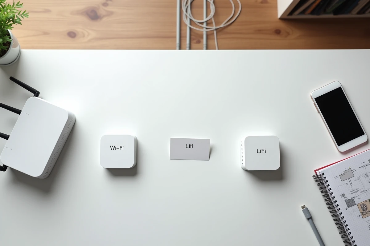 Comparaison côte à côte d'un routeur Wi-Fi et d'un transmetteur LiFi sur un bureau blanc en vue de dessus